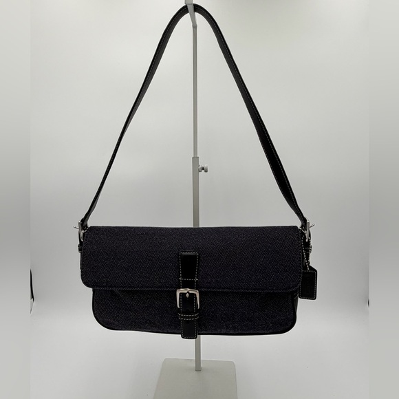 Coach Handbags - Vintage Coach E0J-7763 Black Denim Wool Flap Shoulder Bag Y2K Baguette Buckle